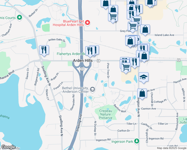 map of restaurants, bars, coffee shops, grocery stores, and more near 3565 Pine Tree Drive in Arden Hills