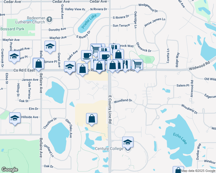 map of restaurants, bars, coffee shops, grocery stores, and more near 3545 Century Avenue North in White Bear Lake