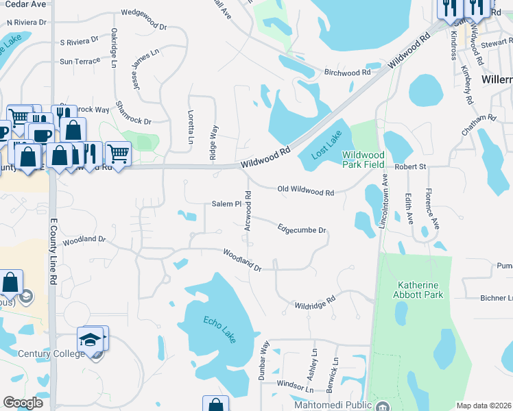 map of restaurants, bars, coffee shops, grocery stores, and more near 333 Edgecumbe Drive in Mahtomedi
