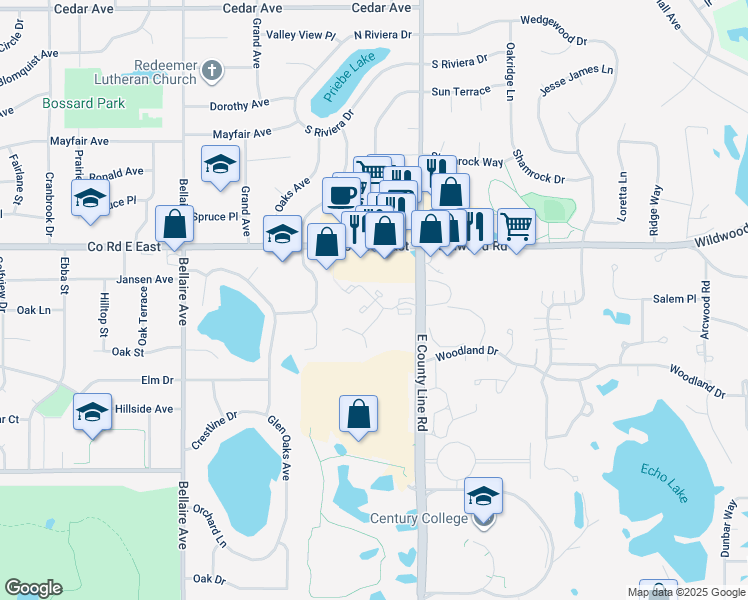 map of restaurants, bars, coffee shops, grocery stores, and more near 3525 Century Avenue North in White Bear Lake