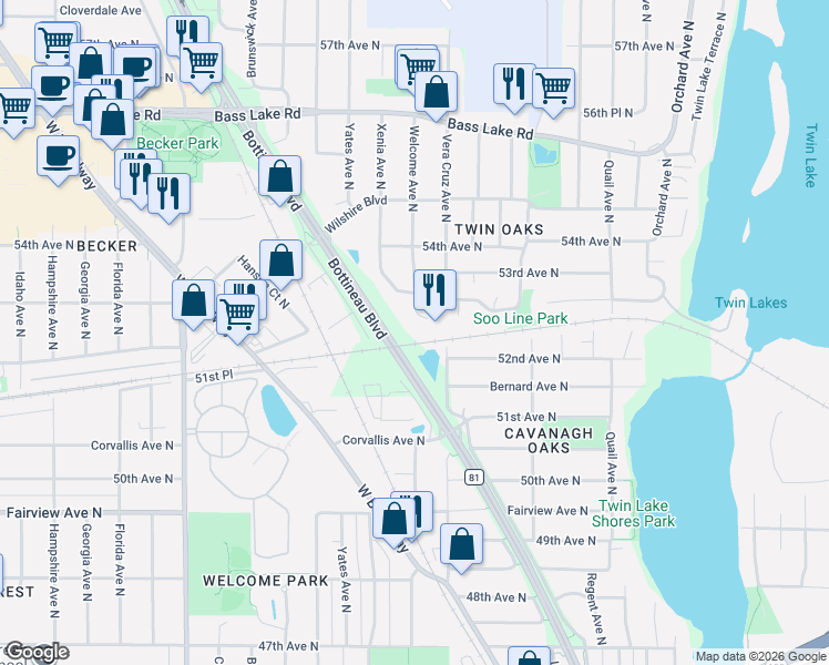 map of restaurants, bars, coffee shops, grocery stores, and more near 5151 Vera Cruz Avenue North in Crystal