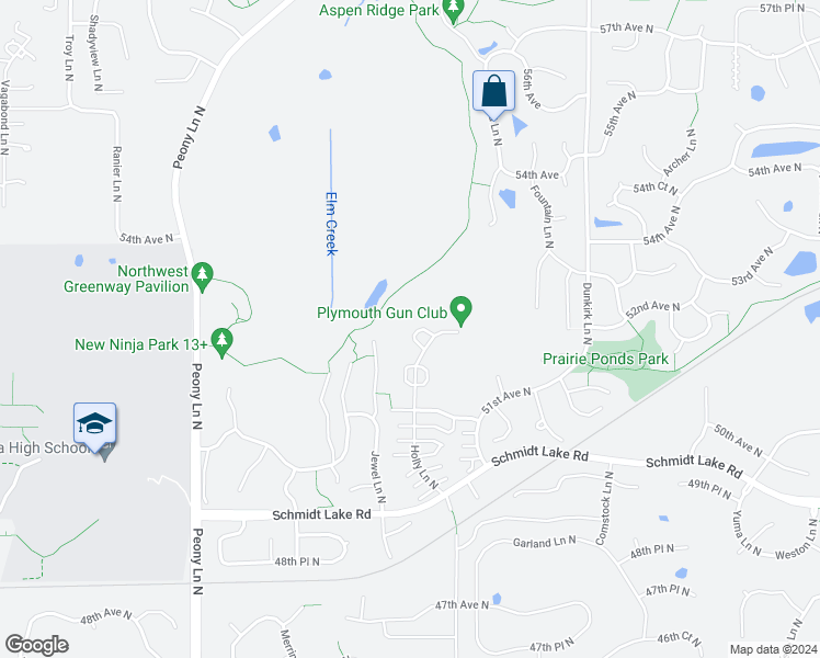 map of restaurants, bars, coffee shops, grocery stores, and more near 5135 Holly Lane North in Plymouth