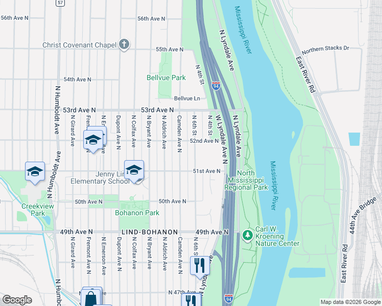 map of restaurants, bars, coffee shops, grocery stores, and more near 5115 North 6th Street in Minneapolis