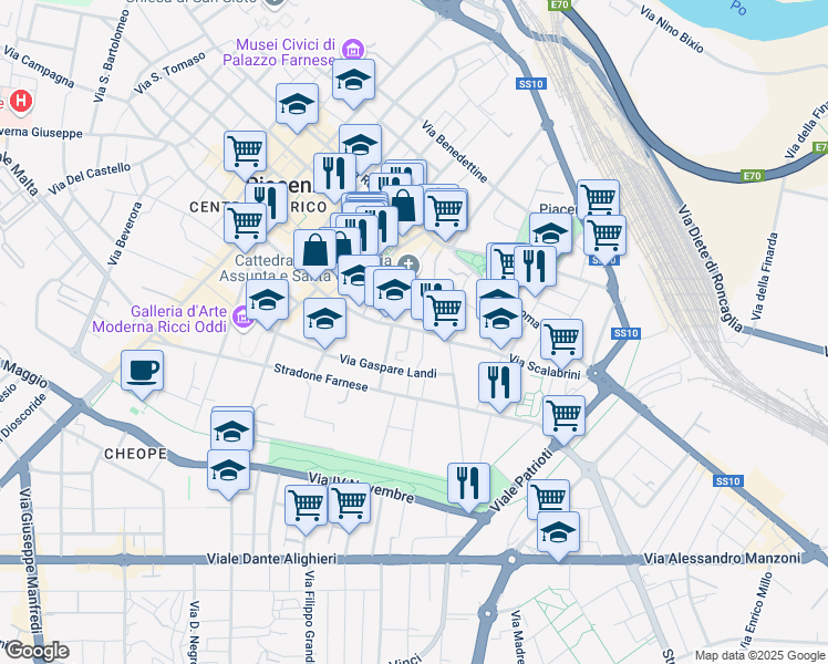map of restaurants, bars, coffee shops, grocery stores, and more near 3-21 Vicolo Gandine in Piacenza