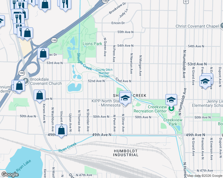 map of restaurants, bars, coffee shops, grocery stores, and more near 2100 51st Avenue North in Minneapolis