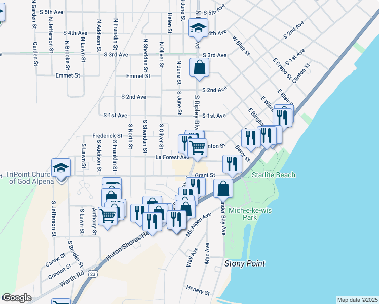 map of restaurants, bars, coffee shops, grocery stores, and more near 500-598 South Ripley Boulevard in Alpena