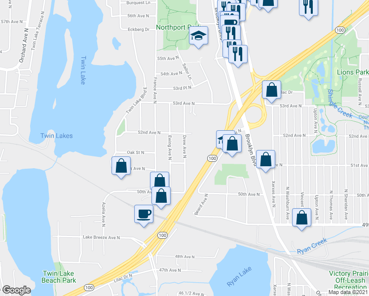 map of restaurants, bars, coffee shops, grocery stores, and more near 5126 Drew Avenue North in Minneapolis