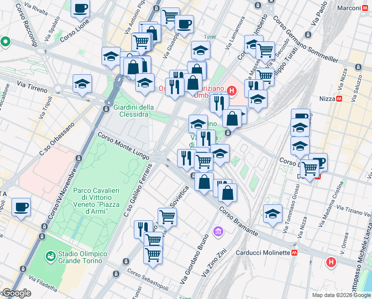 map of restaurants, bars, coffee shops, grocery stores, and more near 16 Via Anton Giulio Barrili in Turin