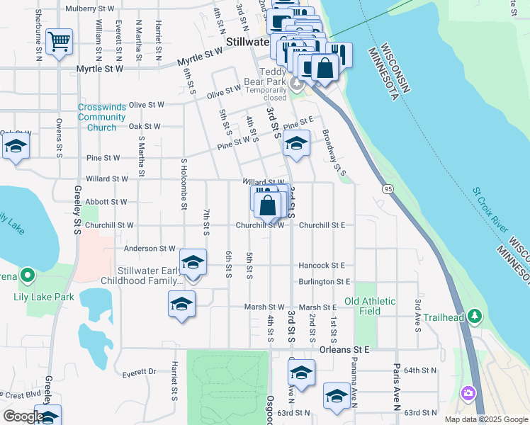 map of restaurants, bars, coffee shops, grocery stores, and more near 209 Churchill Street West in Stillwater
