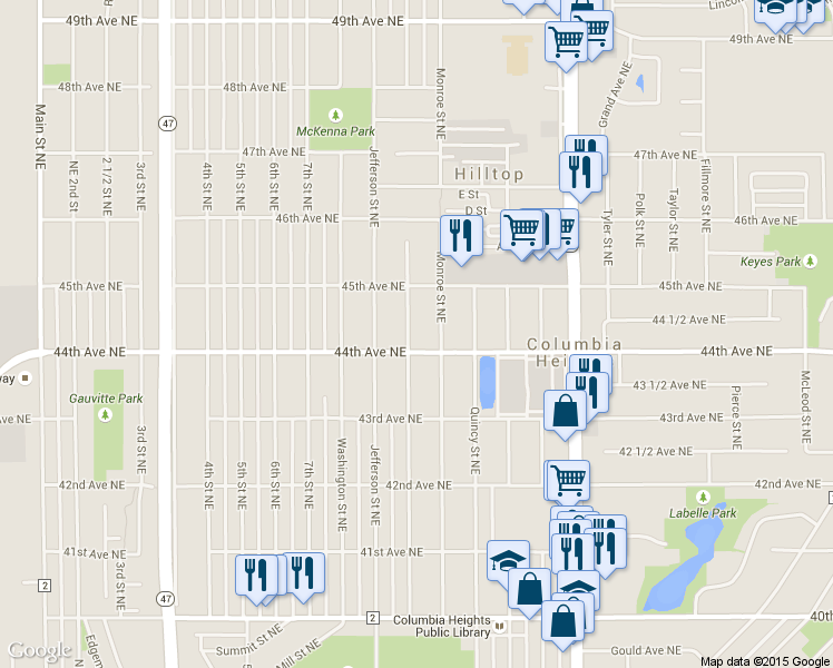 map of restaurants, bars, coffee shops, grocery stores, and more near 670 44th Avenue Northeast in Minneapolis
