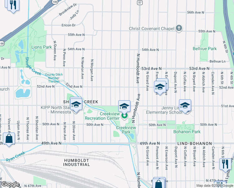 map of restaurants, bars, coffee shops, grocery stores, and more near 5114 James Avenue North in Minneapolis