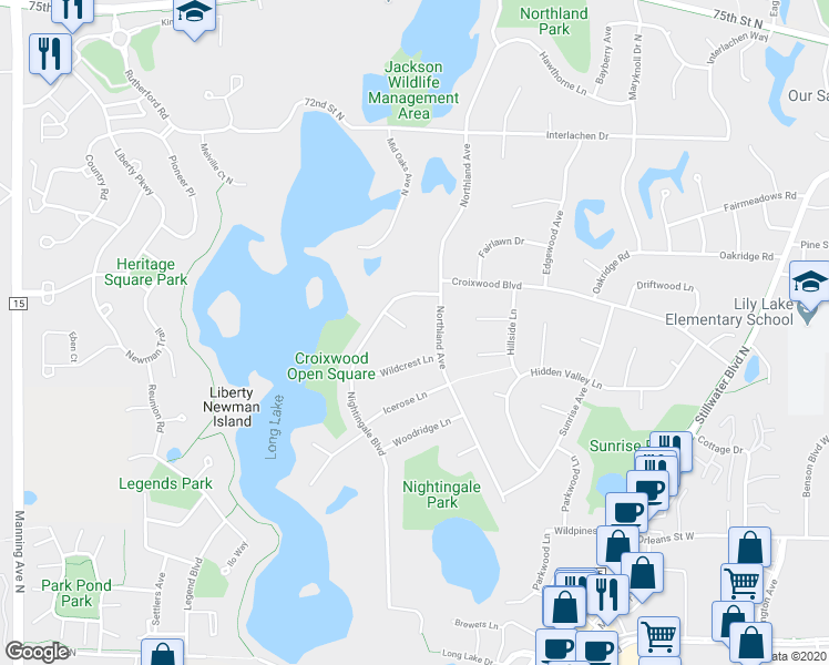 map of restaurants, bars, coffee shops, grocery stores, and more near 651 Croixwood Place in Stillwater