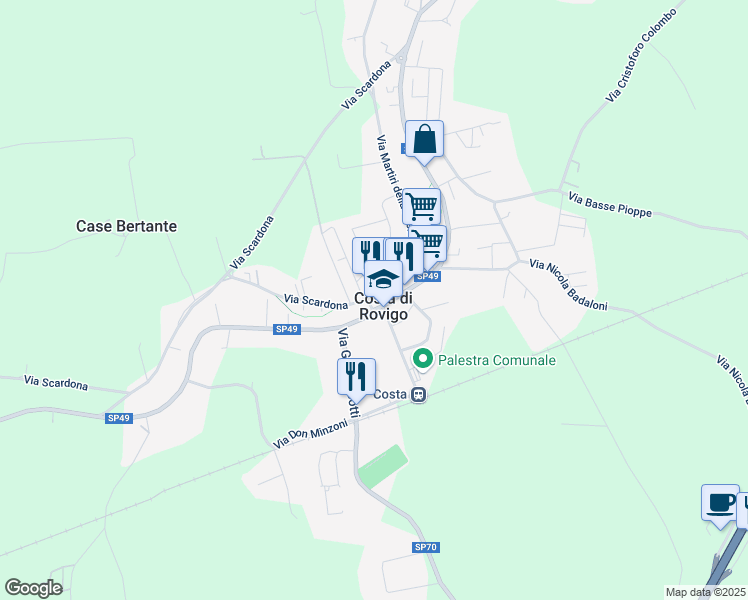 map of restaurants, bars, coffee shops, grocery stores, and more near 75 Via Umberto I in Rovigo