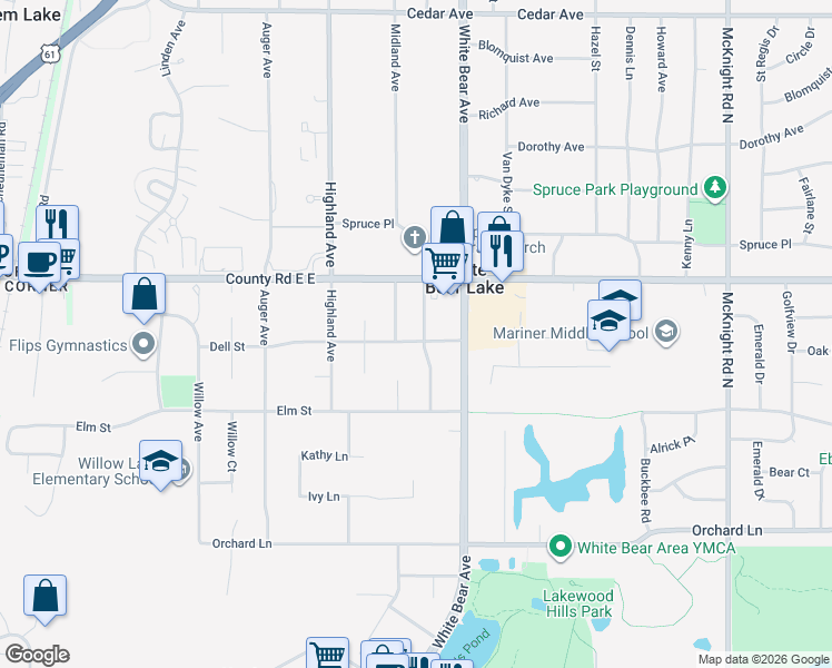 map of restaurants, bars, coffee shops, grocery stores, and more near 3532 Jerry Street in White Bear Lake