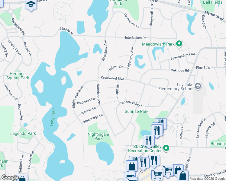 map of restaurants, bars, coffee shops, grocery stores, and more near 2626 Skyview Court in Stillwater