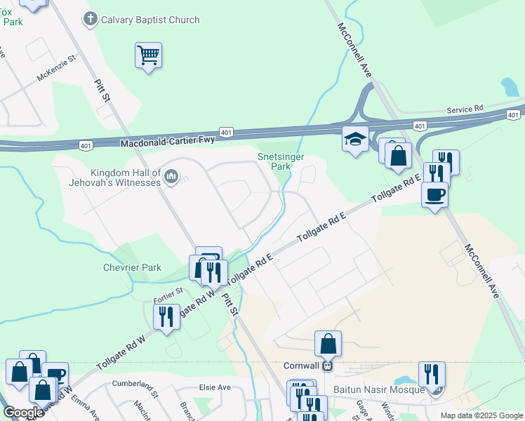 map of restaurants, bars, coffee shops, grocery stores, and more near Northwoods Crescent in Cornwall