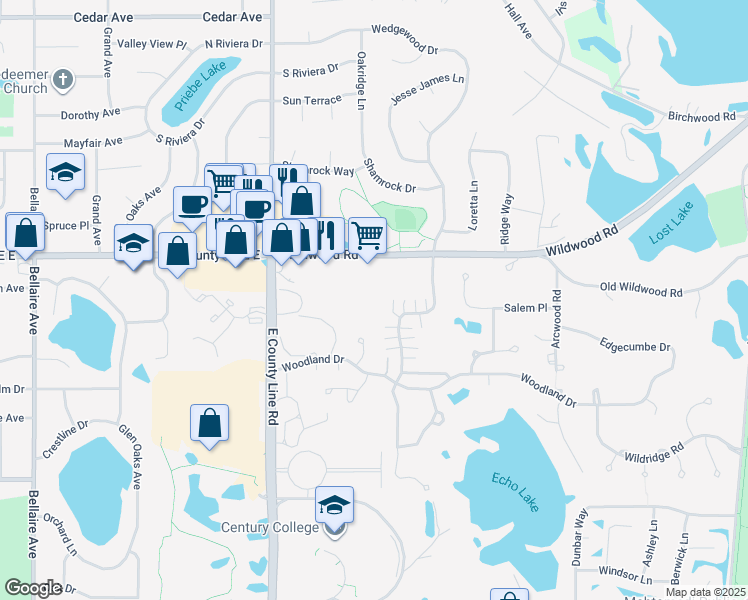 map of restaurants, bars, coffee shops, grocery stores, and more near 750 Wildwood Road in Mahtomedi