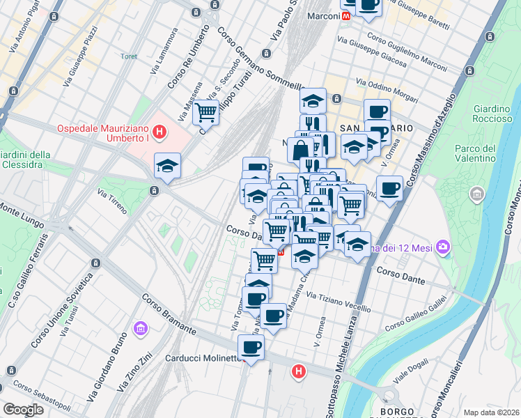 map of restaurants, bars, coffee shops, grocery stores, and more near 1-9 Via Carlo Giovanni Brugnone in Turin