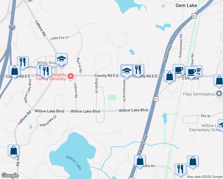 map of restaurants, bars, coffee shops, grocery stores, and more near 1650 County Road E in Vadnais Heights