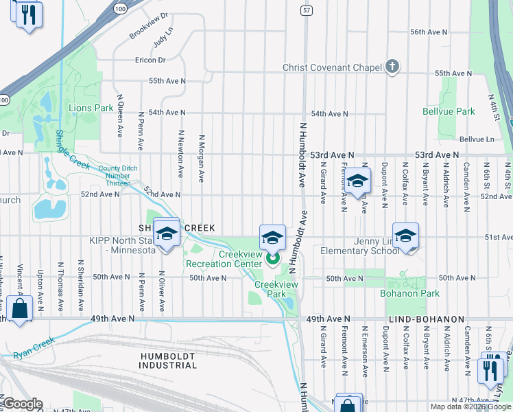 map of restaurants, bars, coffee shops, grocery stores, and more near 5200 James Avenue North in Minneapolis