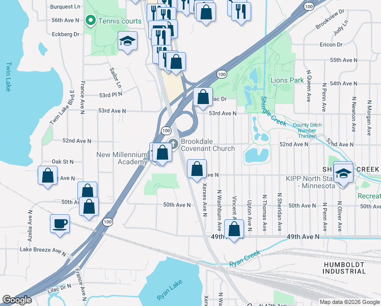 map of restaurants, bars, coffee shops, grocery stores, and more near 5211 Xerxes Avenue North in Minneapolis