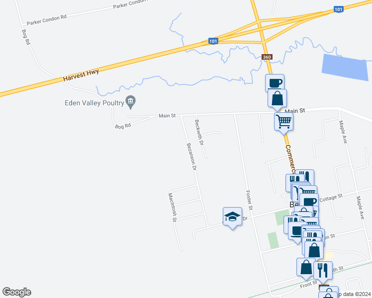 map of restaurants, bars, coffee shops, grocery stores, and more near 13 Bezanson Drive in Berwick