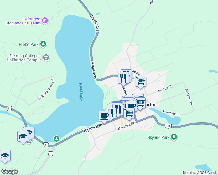 map of restaurants, bars, coffee shops, grocery stores, and more near 18 Maple Avenue in Haliburton