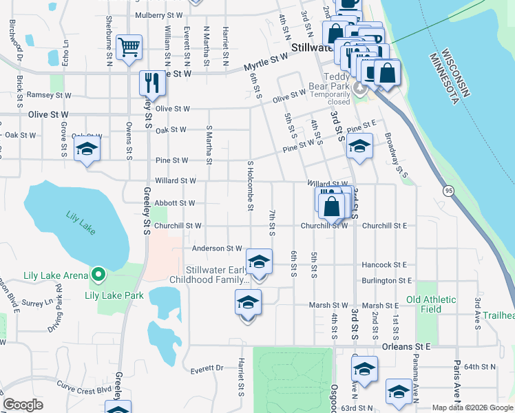 map of restaurants, bars, coffee shops, grocery stores, and more near 611 South Holcombe Street in Stillwater