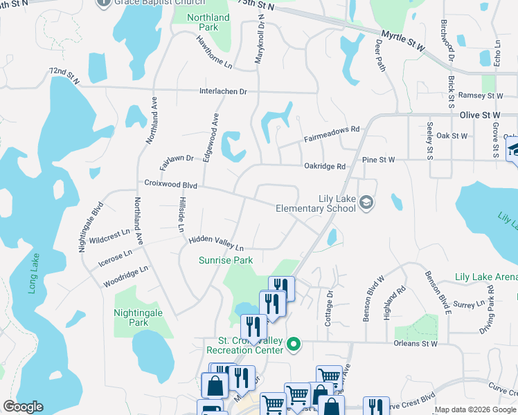 map of restaurants, bars, coffee shops, grocery stores, and more near 2444 Driftwood Lane in Stillwater