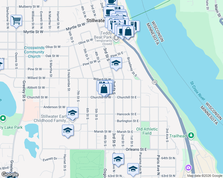 map of restaurants, bars, coffee shops, grocery stores, and more near 712 3rd Street South in Stillwater