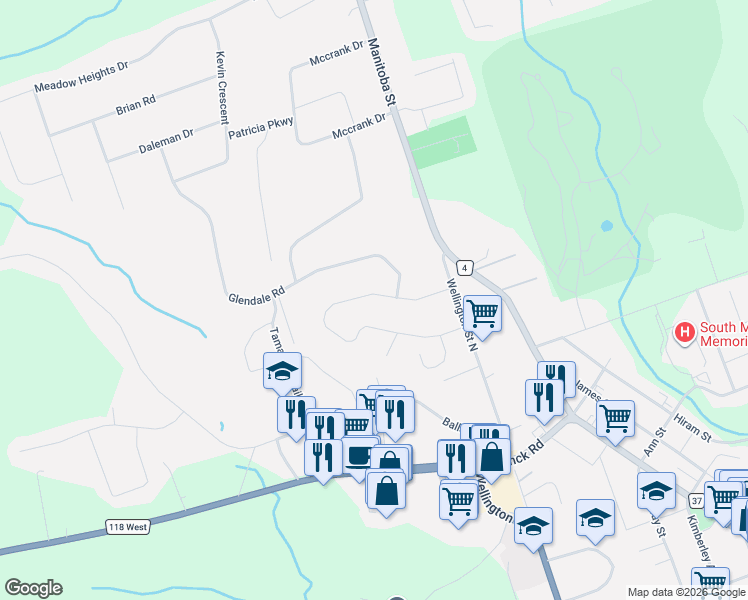 map of restaurants, bars, coffee shops, grocery stores, and more near 66 Westvale Drive in Bracebridge