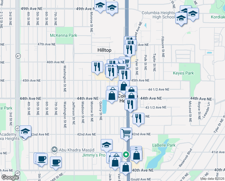 map of restaurants, bars, coffee shops, grocery stores, and more near 4440 Van Buren Street Northeast in Minneapolis