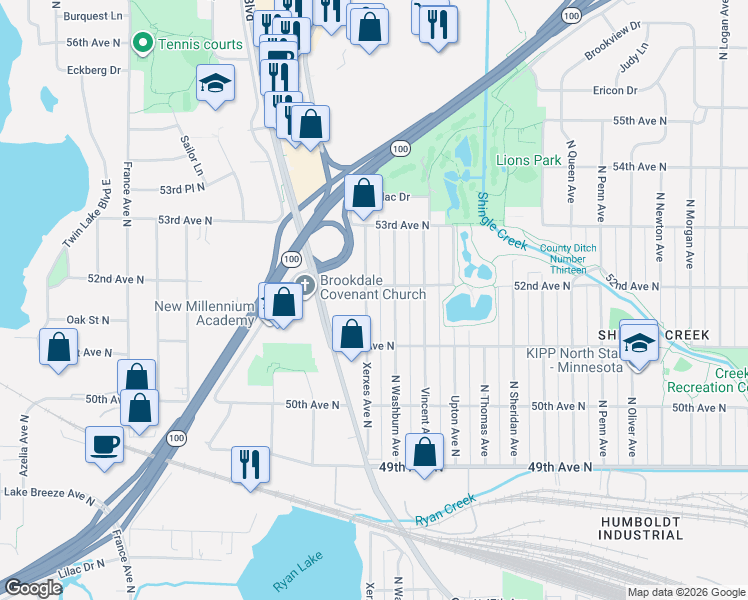 map of restaurants, bars, coffee shops, grocery stores, and more near 5201 Xerxes Avenue North in Minneapolis