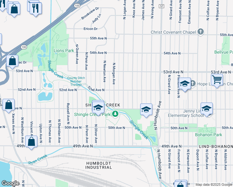 map of restaurants, bars, coffee shops, grocery stores, and more near 5152 Morgan Avenue North in Minneapolis