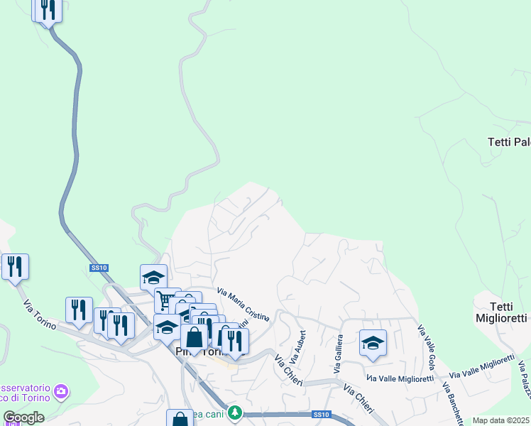 map of restaurants, bars, coffee shops, grocery stores, and more near 17 Via delle Rose in Pino Torinese