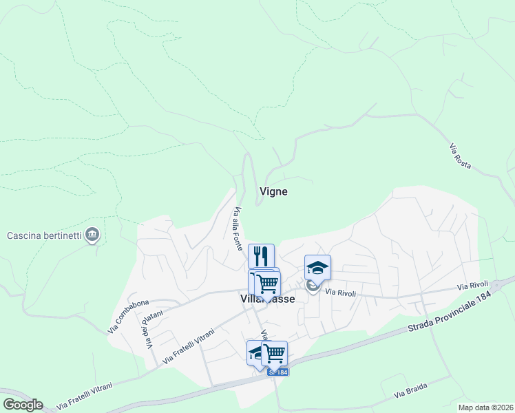 map of restaurants, bars, coffee shops, grocery stores, and more near 5 Regione Vigne in Vigne