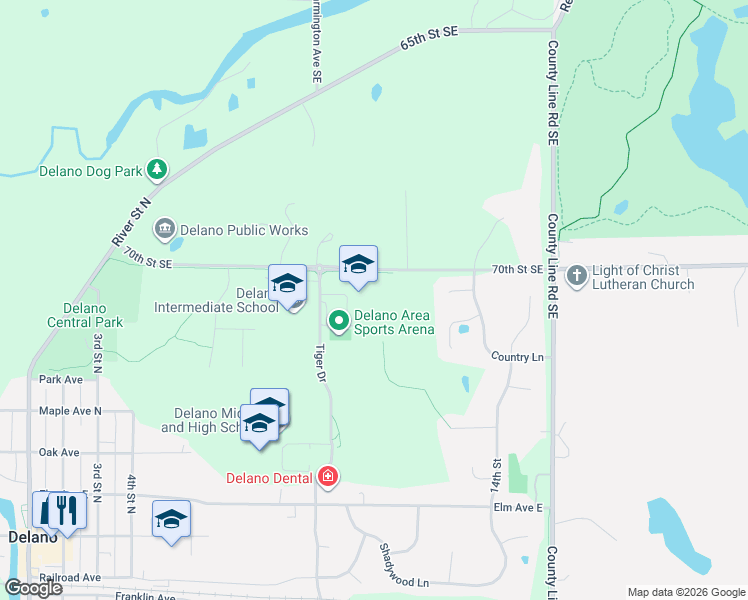 map of restaurants, bars, coffee shops, grocery stores, and more near 5519-5697 70th Street Southeast in Delano