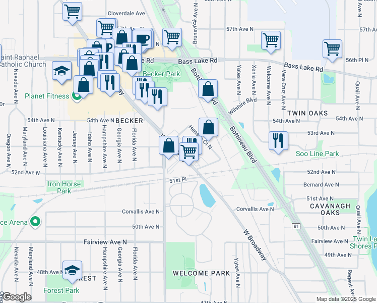 map of restaurants, bars, coffee shops, grocery stores, and more near 5240 West Broadway Avenue in Minneapolis
