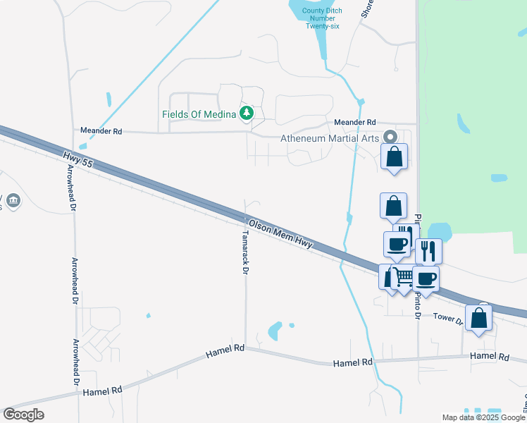 map of restaurants, bars, coffee shops, grocery stores, and more near 1182 Highway 55 in Medina