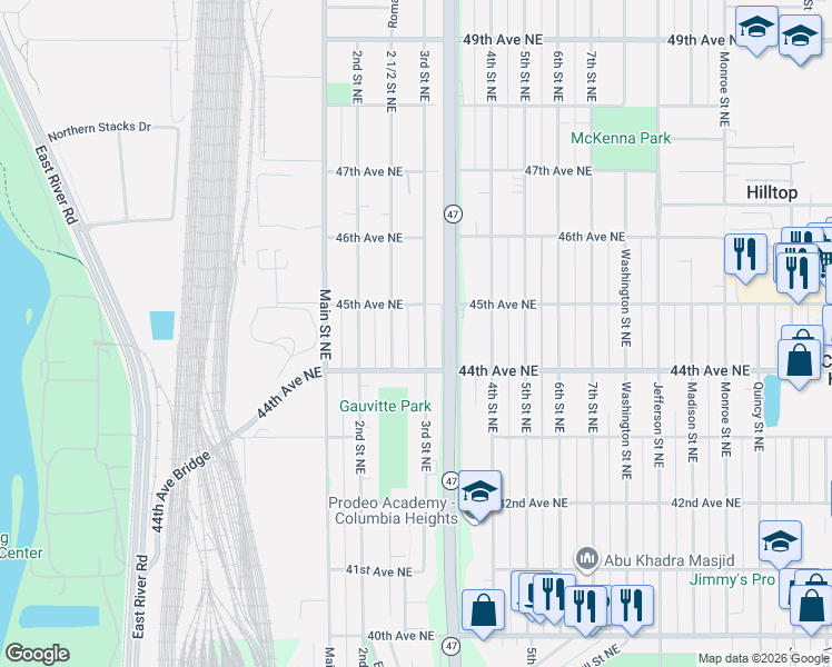map of restaurants, bars, coffee shops, grocery stores, and more near 4445 3rd Street Northeast in Minneapolis