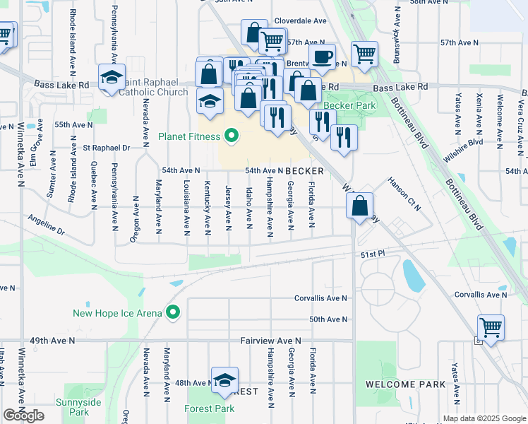 map of restaurants, bars, coffee shops, grocery stores, and more near 5300 Idaho Avenue North in Minneapolis