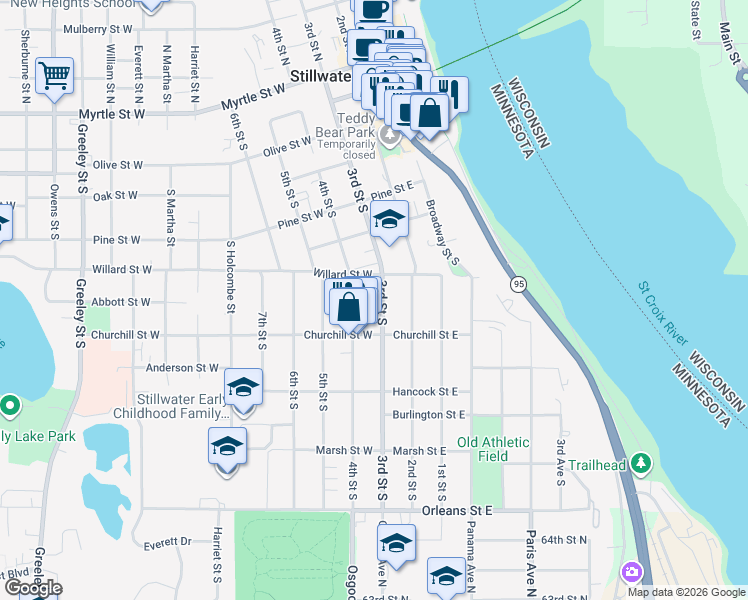 map of restaurants, bars, coffee shops, grocery stores, and more near 712 3rd Street South in Stillwater