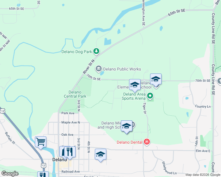 map of restaurants, bars, coffee shops, grocery stores, and more near 509 County Road 30 Southeast in Delano