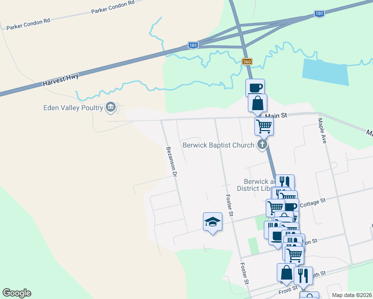 map of restaurants, bars, coffee shops, grocery stores, and more near 19 Beckwith Drive in Berwick
