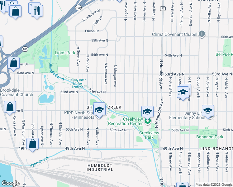 map of restaurants, bars, coffee shops, grocery stores, and more near 5205 North Morgan Avenue in Minneapolis