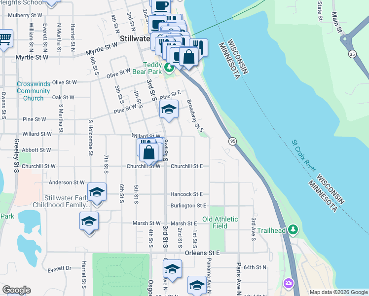 map of restaurants, bars, coffee shops, grocery stores, and more near 713 2nd Street South in Stillwater
