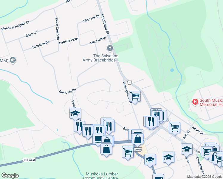 map of restaurants, bars, coffee shops, grocery stores, and more near 73 Westvale Drive in Bracebridge