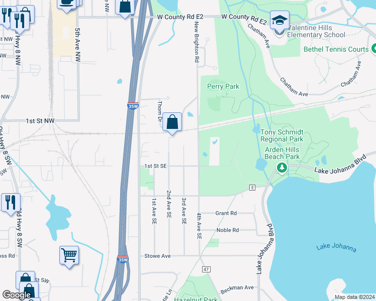 map of restaurants, bars, coffee shops, grocery stores, and more near 3661 New Brighton Road in Arden Hills