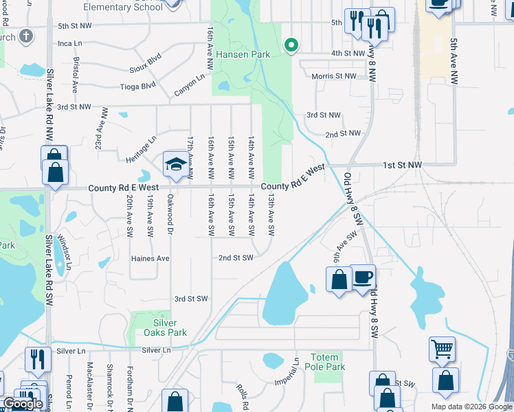 map of restaurants, bars, coffee shops, grocery stores, and more near 37 14th Avenue Southwest in New Brighton