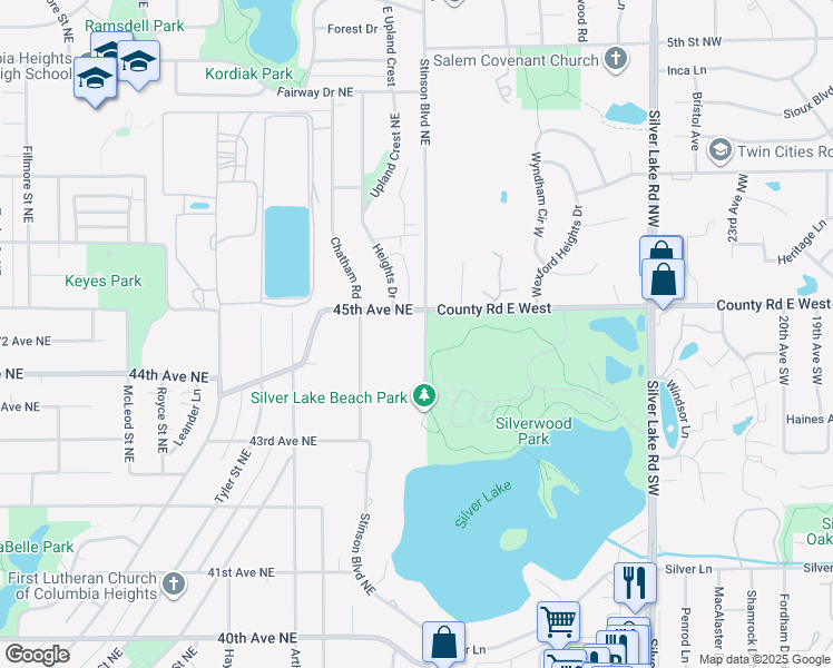 map of restaurants, bars, coffee shops, grocery stores, and more near 2336 45th Avenue Northeast in Minneapolis